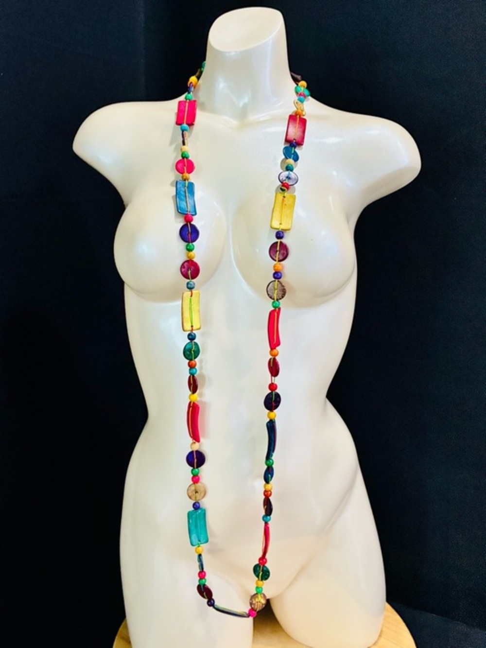 Rainbow Laminated Wood Beaded Long Boho Chic Necklace - Vibrant Color Statement